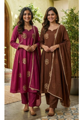 Crush Surat Mul-Chanderi Embroidered Side Pleated A-Line Full Suit Set with Dupatta- 15423