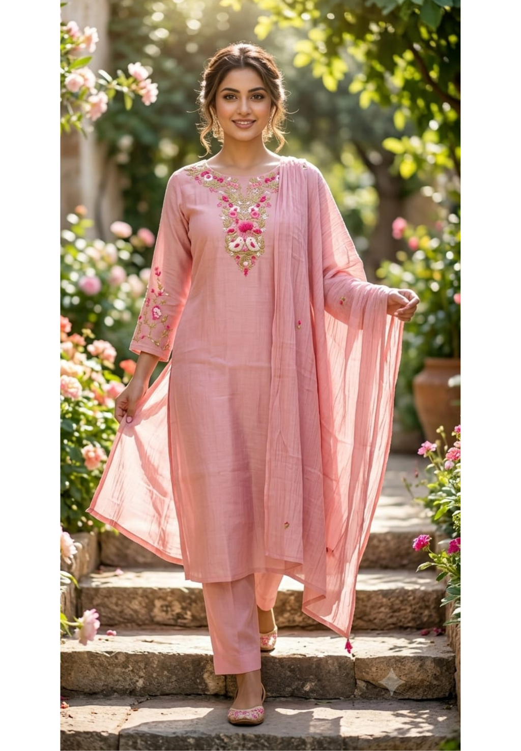 Blush Pink Embroidered Yoke Surat Mul-Chanderi Full Suit Set with Dupatta- 15382