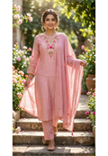 Blush Pink Embroidered Yoke Surat Mul-Chanderi Full Suit Set with Dupatta- 15382