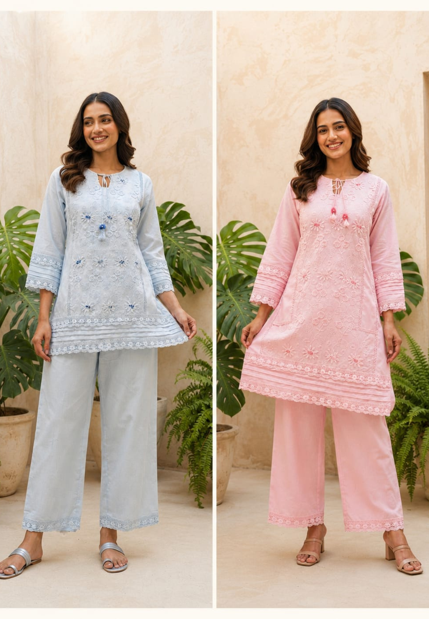 Ivory Blossom Hacoba Thread Embroidery With Lace Detailing Cotton Co-Ord Set- 15304