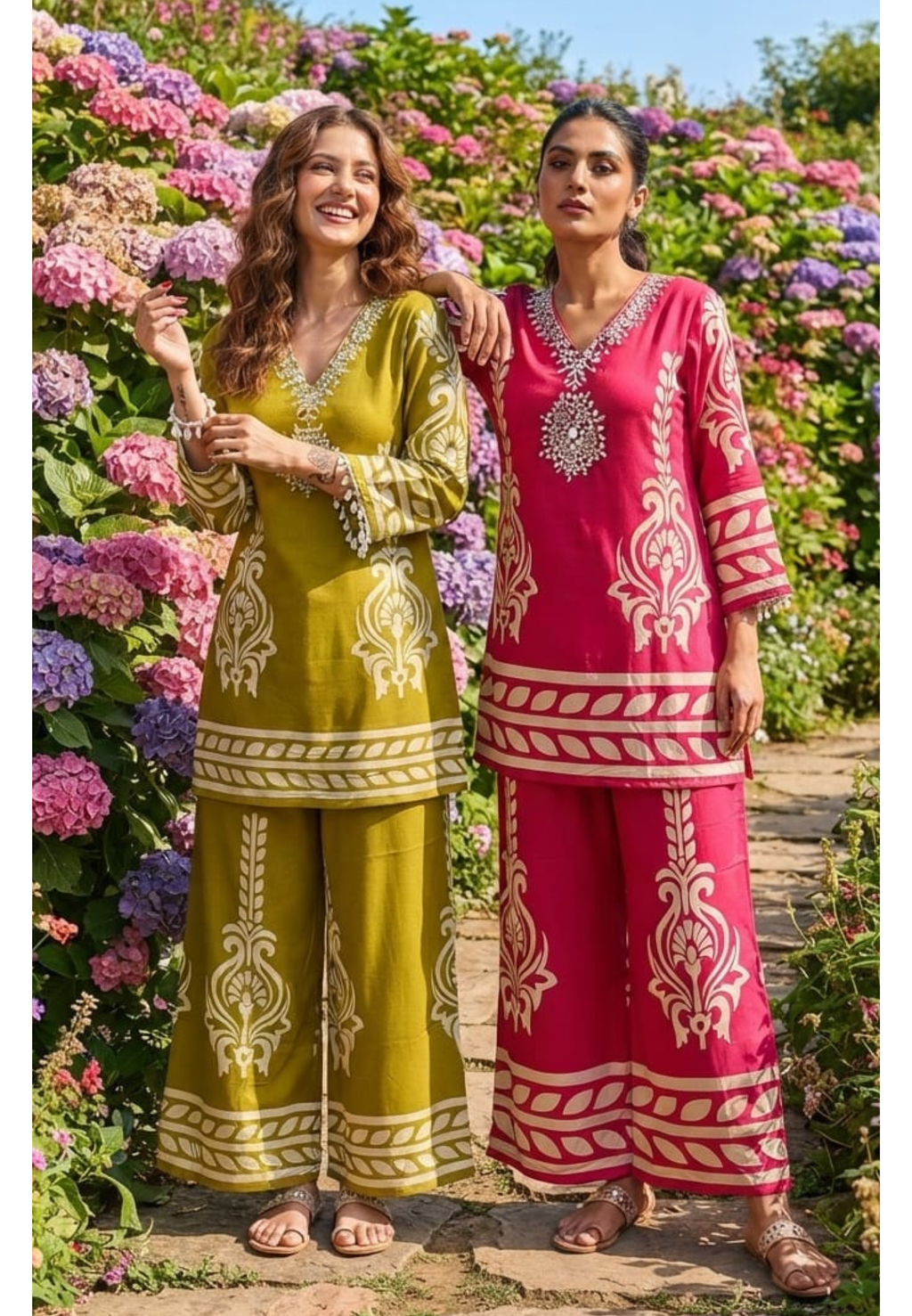 Chevron Printed Mirror Thread Embroidered Neckline Casual Wear Co-Ord Set- 15355