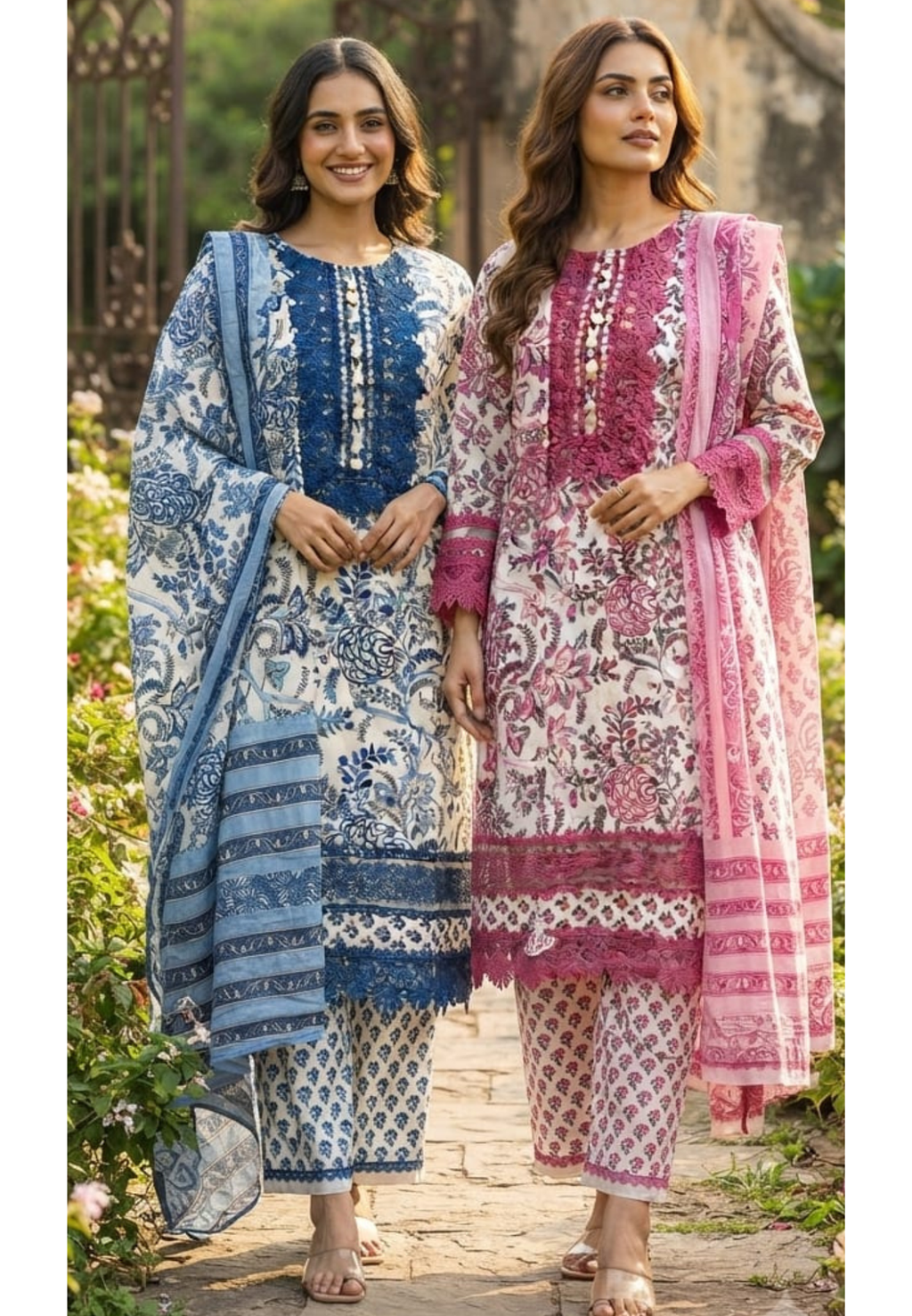 Crosia Lace Detailing Floral Printed Cotton Full Suit Set With Dupatta- 15406