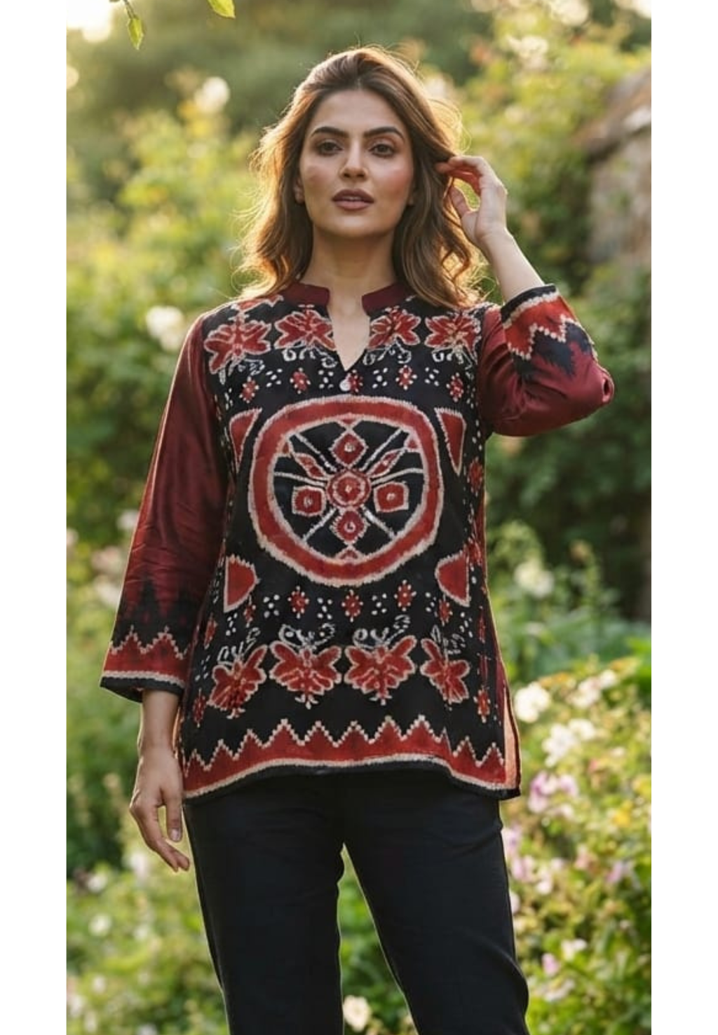 Red and Black Ikat Print Silk Tunic with Center Mandala Motif- 15434