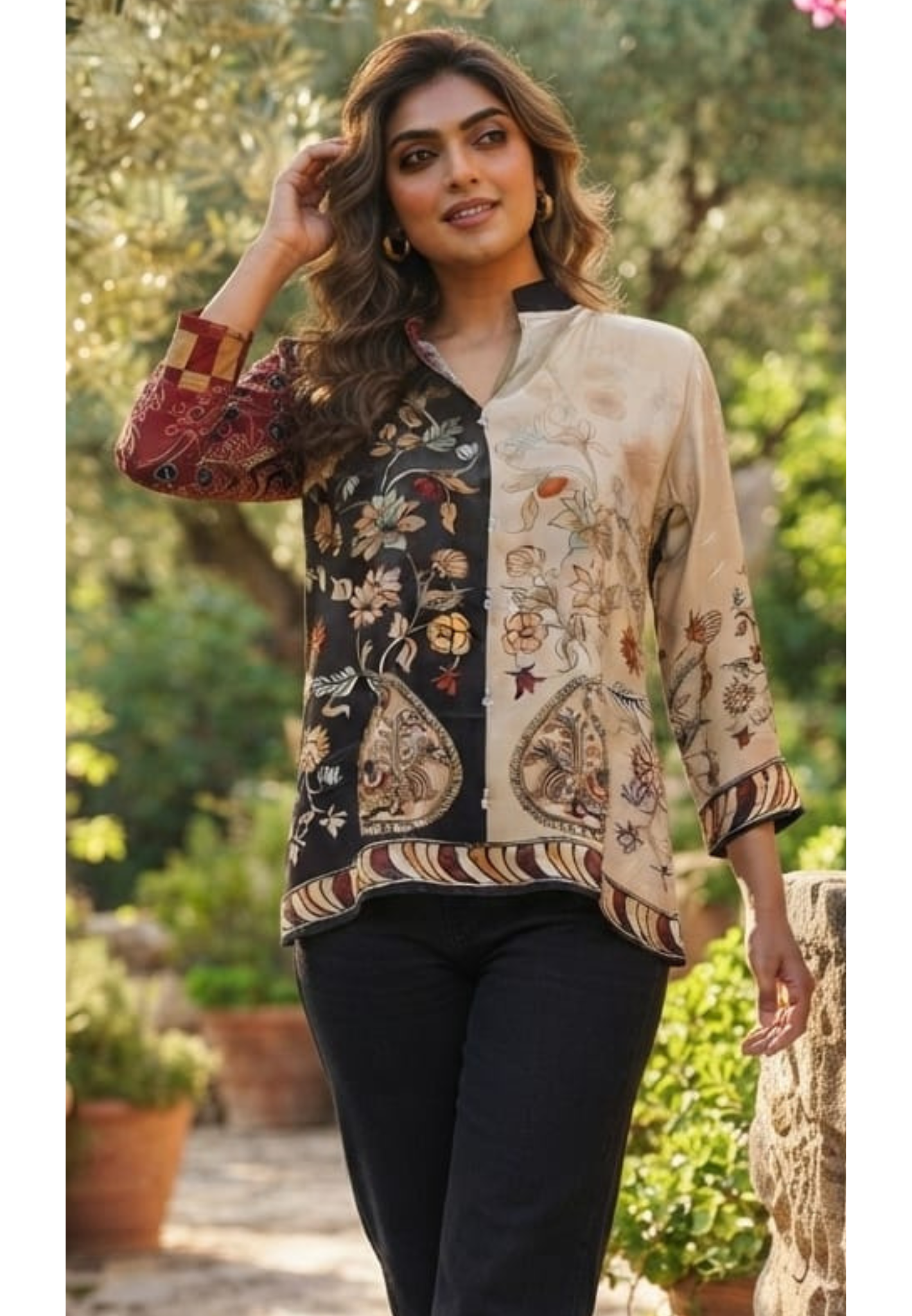 Dual-Tone Kalamkari Floral Print Crepe Tunic with Paisley Motifs- 15434