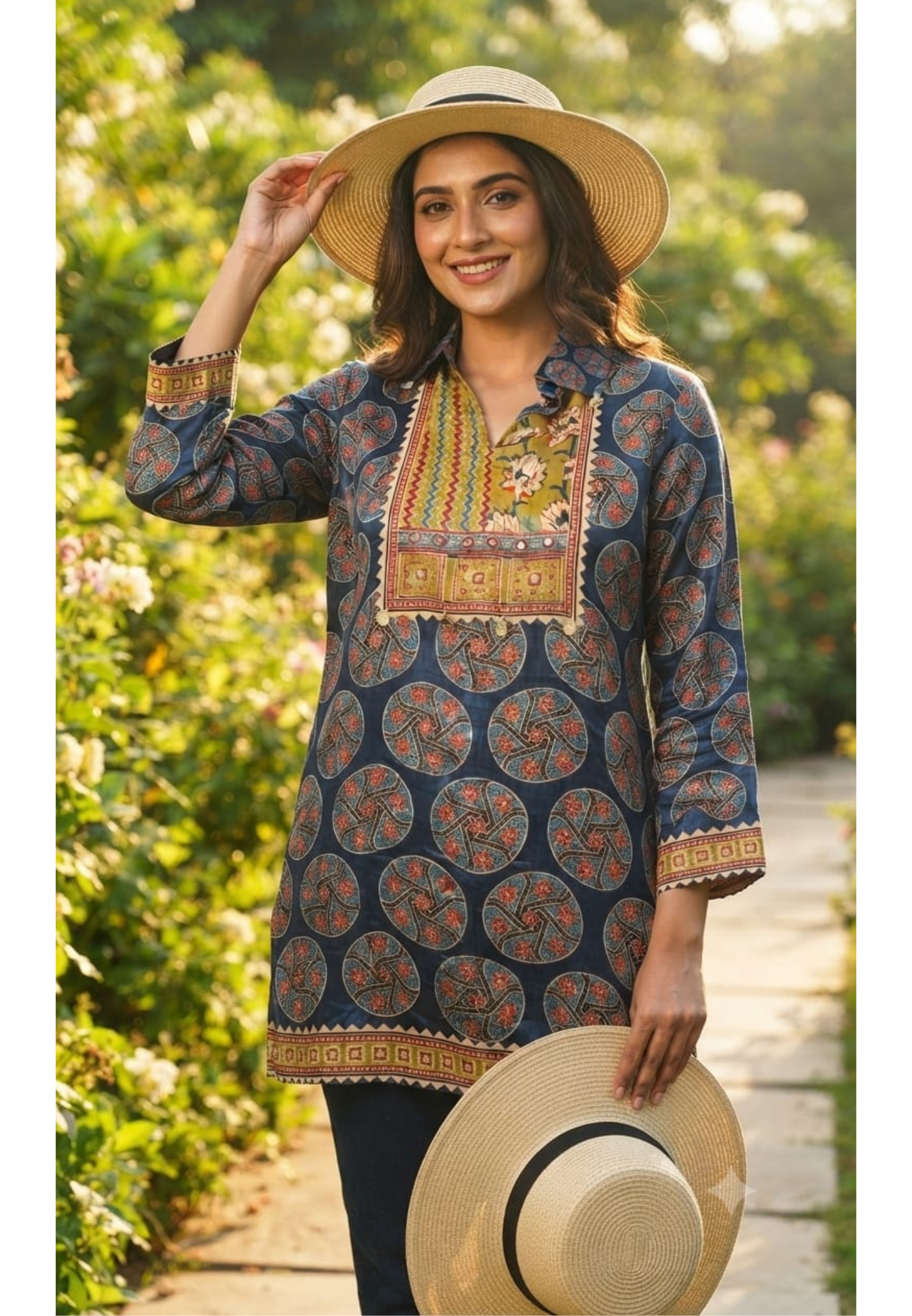 Indigo Blue Medallion Print Crepe Tunic with Embellished Mustard Yoke- 15434