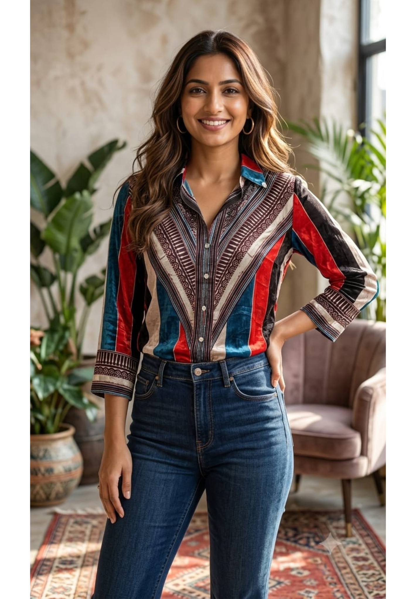 Chroma Striped Crepe Shirt-Tunic in Teal and Crimson- 15434