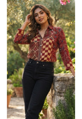 Asymmetric Checkerboard and Paisley Print Crepe Shirt- 15434