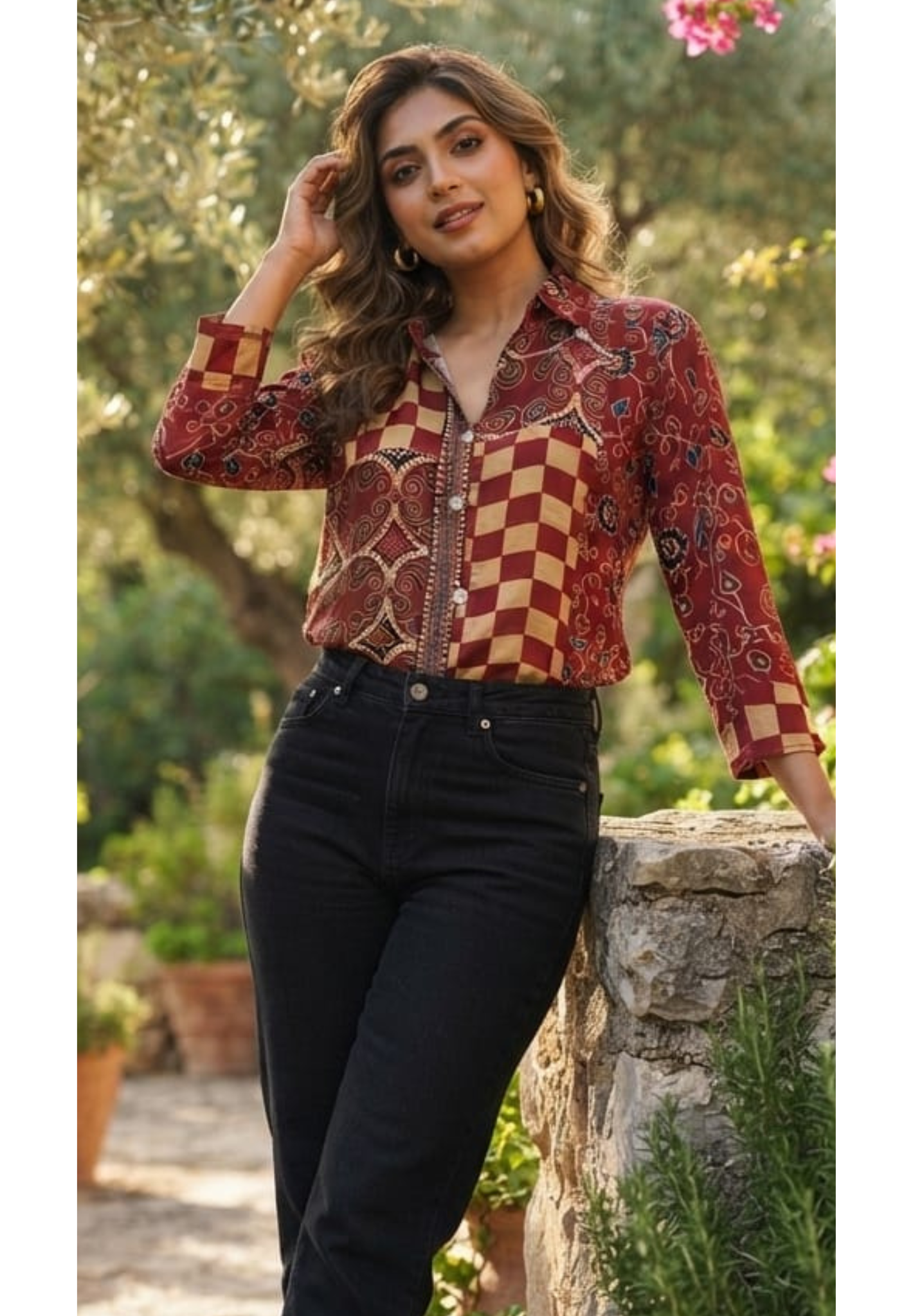 Asymmetric Checkerboard and Paisley Print Crepe Shirt- 15434