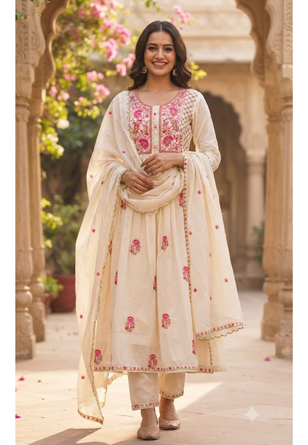 Multicolor Intricate Thread Embroidered Yoke Mul-Cotton A-Line Full Suit Set With Dupatta- 15349