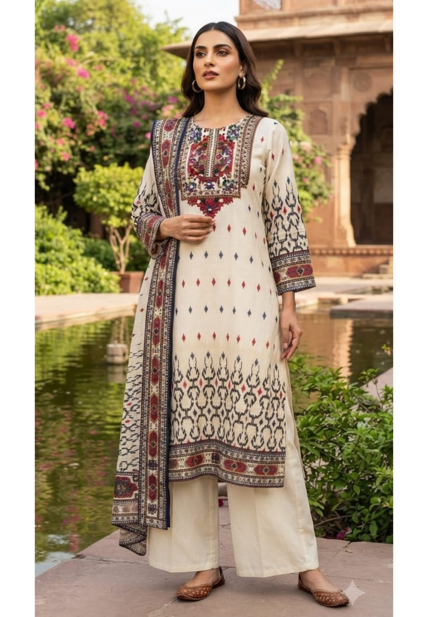 Multicolor Thread Embroidery Yoke Highlight Prints Slub Linen Full Suit Set With Dupatta- 15470