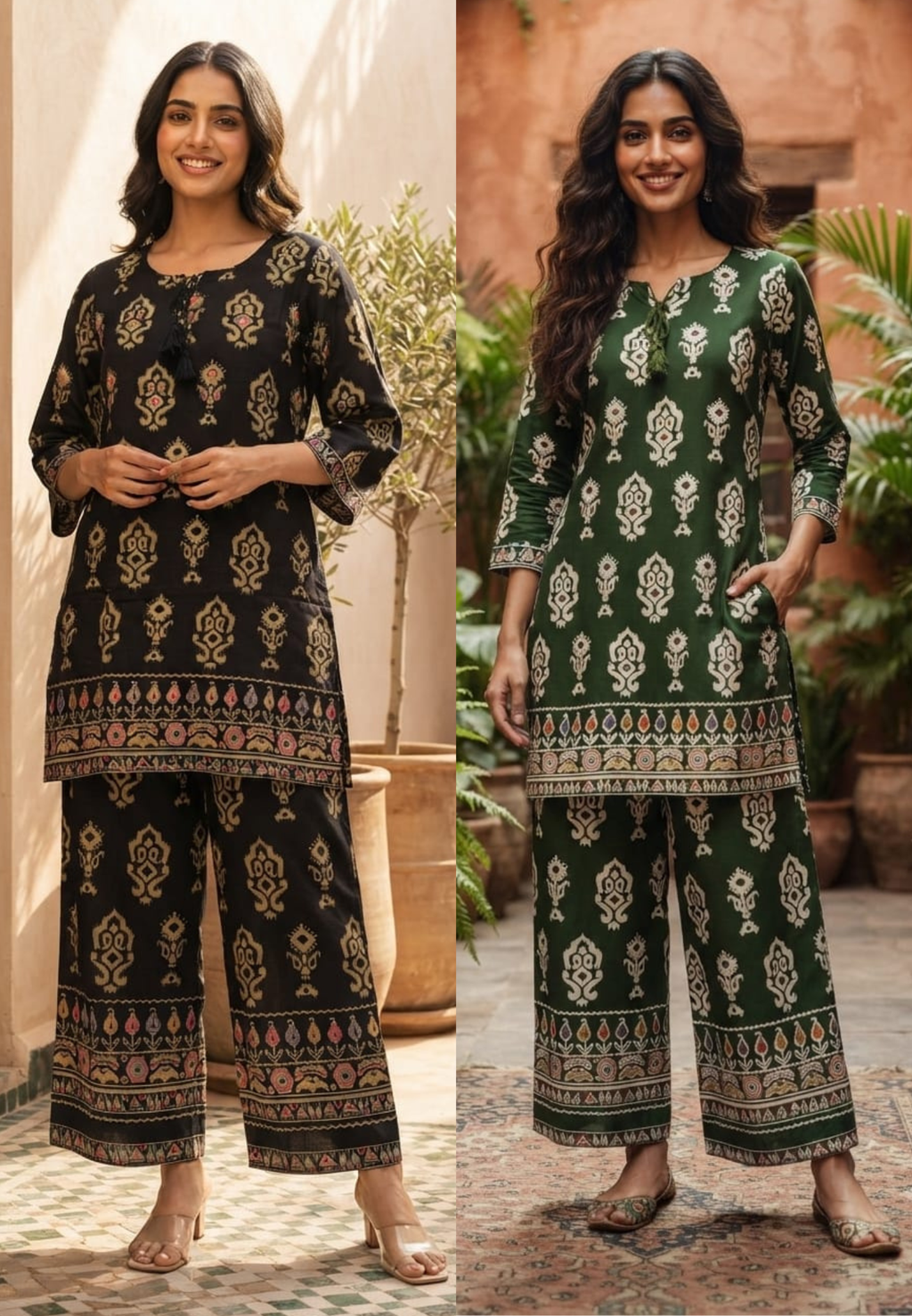 Mango Buti Inspired Block Prints Tassel Accent German Rayon Co-Ord Set- 15468