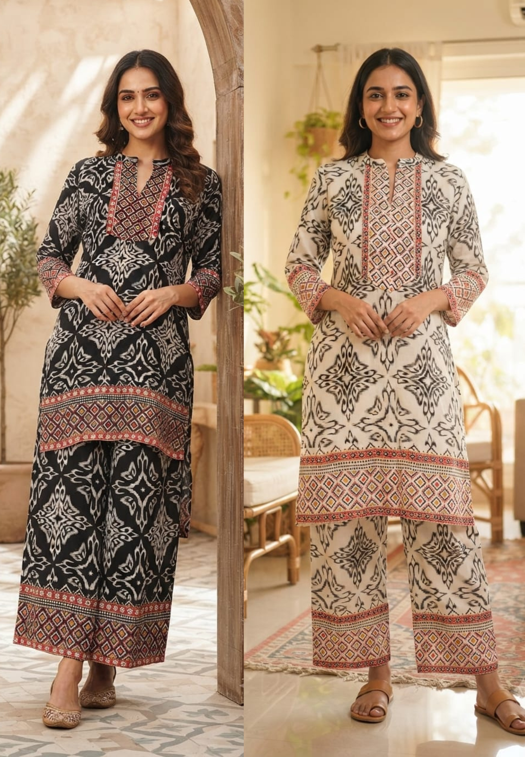 Illusional Floral Block Prints Abstract Yoke Cotton Co-Ord Set- 15471