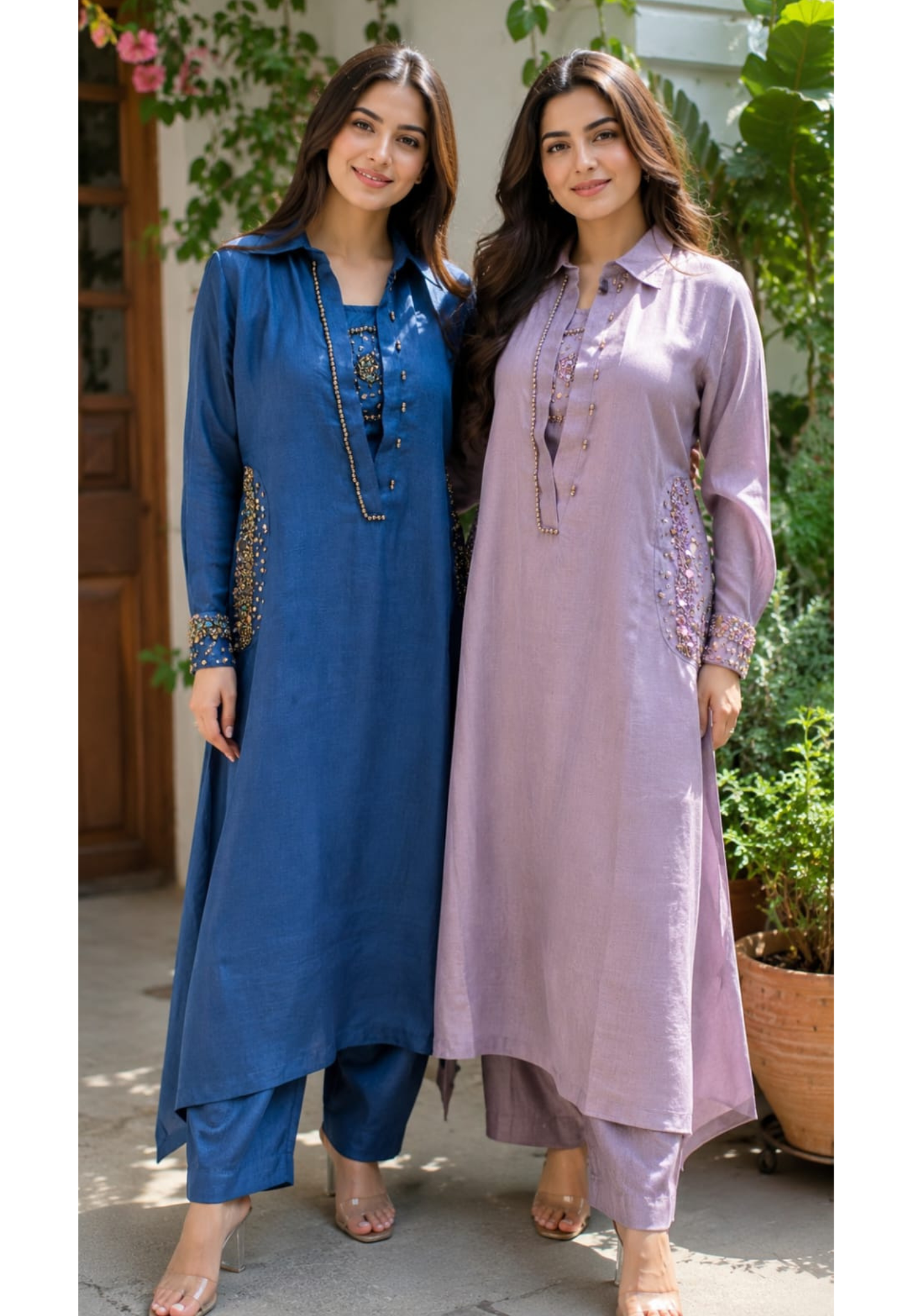 Beads Embellished Stunning Inner Attach Look A-Line Kurta With Bottom In Jute Fabric- 15088