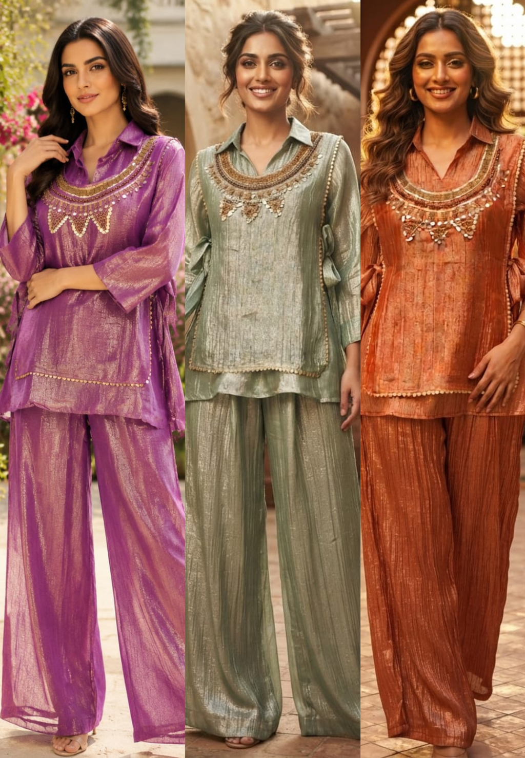 Embellished Shimmer Outer With Collared Matching Co-Ord Set In Crush Tissue Fabric- 15530