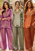 Embellished Shimmer Outer With Collared Matching Co-Ord Set In Crush Tissue Fabric- 15530