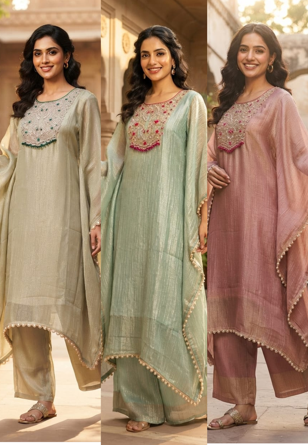 Royal Zardosi Work Beads Tassel Yoke With Pearl Bordered Tissue Kaftan & Loose Palazzo Bottom- 15559