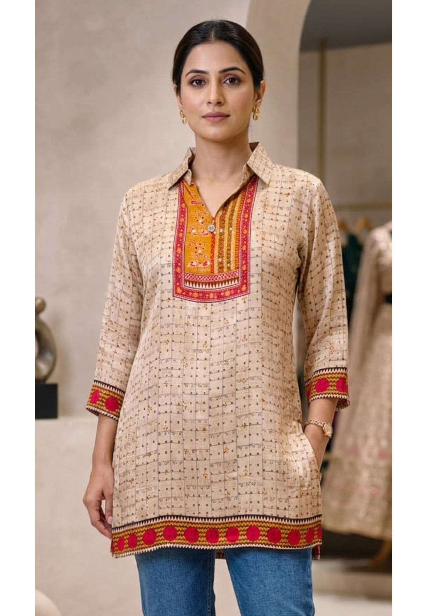 Abstract Highlighted Printed Collared Casual Wear Crepe Shirt- 15634