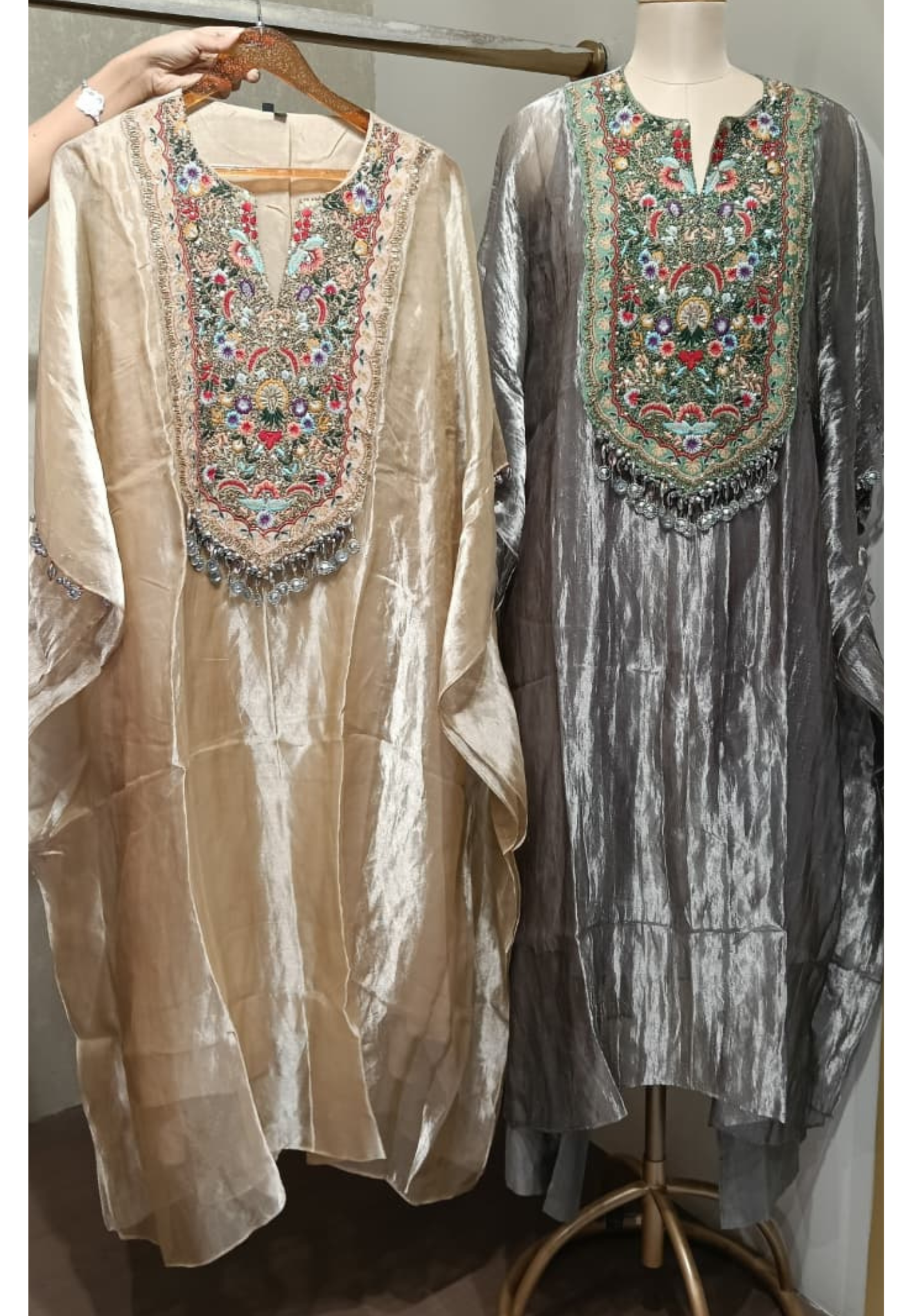 Premium Handcrafted Tissue Kaftan with Bottom And Multicolor Floral Embroidery-15684