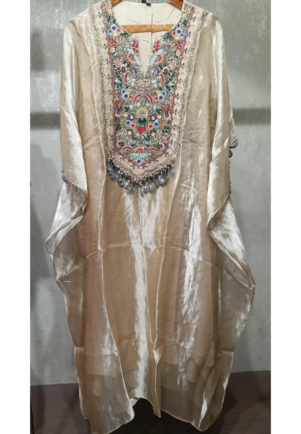 Premium Handcrafted Tissue Kaftan with Bottom And Multicolor Floral Embroidery-15684