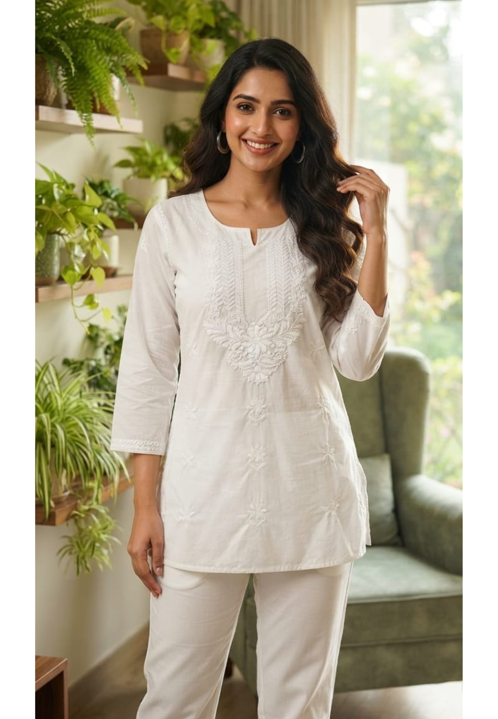 Flawless White Chikankari Thread Embroidered Cotton Kurti Only- 15871 (Thick Cotton)