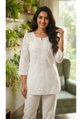 Flawless White Chikankari Thread Embroidered Cotton Kurti Only- 15871 (Thick Cotton)
