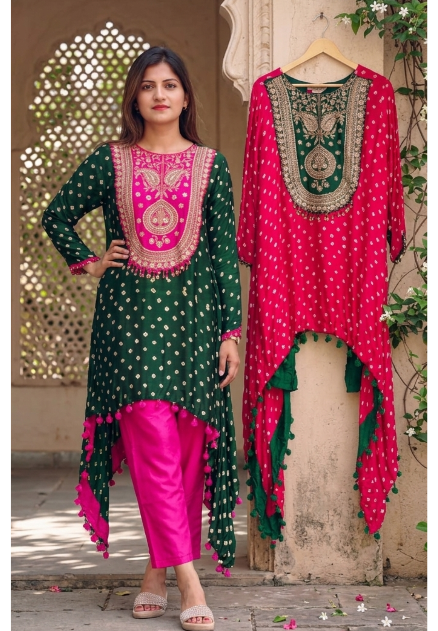 PRE BOOKINGS- Rich Zardozi Yoke With Coin Latkan Accents Bandhej Printed High-Low Dual Tone Kurta With Solid Bottom- 16016 (On Orders Dispatching after 30 Days)