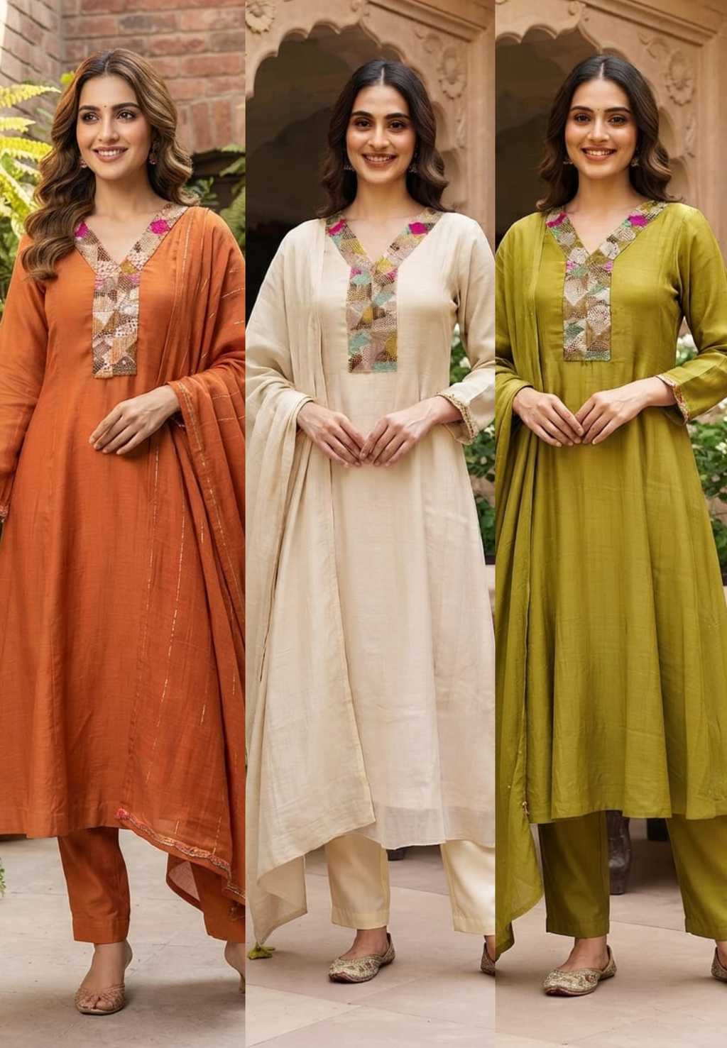 Multicolor Rich Shine Sequin Abstract Embroidered Panel A-Line Mul-Chanderi Full Suit Set With Dupatta- 15975