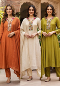 Multicolor Rich Shine Sequin Abstract Embroidered Panel A-Line Mul-Chanderi Full Suit Set With Dupatta- 15975