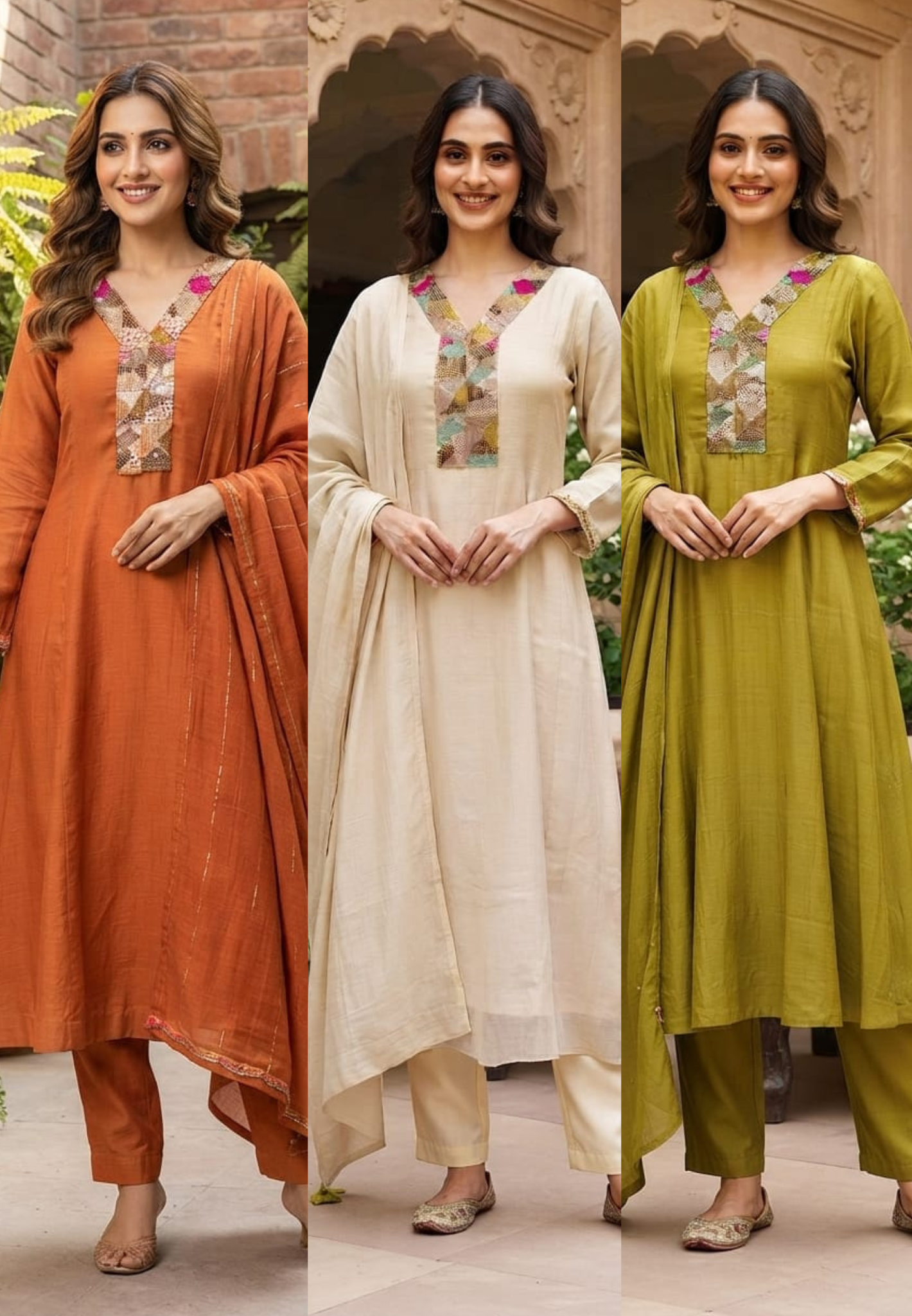 Multicolor Rich Shine Sequin Abstract Embroidered Panel A-Line Mul-Chanderi Full Suit Set With Dupatta- 15975