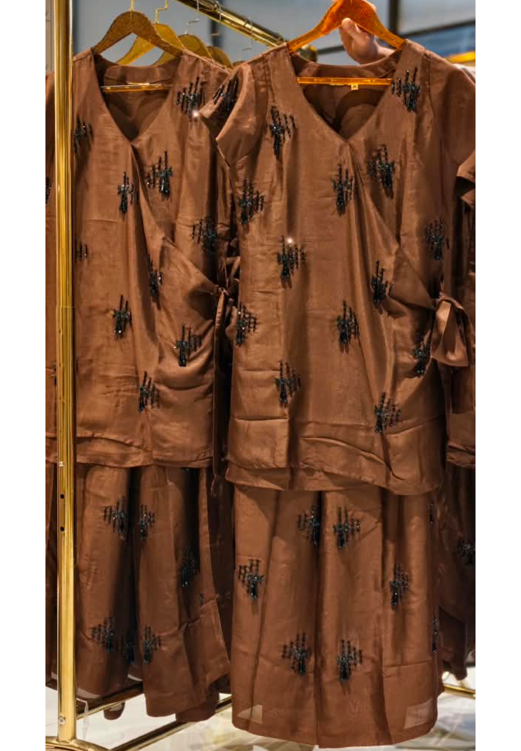 Chocolate Brown Embellished Wrap Tie Top and Wide-Leg Pants Co-Ord In Shimmer Tissue Fabric- 16063
