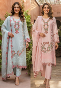 Pakistani Inspired Pattern Floral Embroidered Full Suit Set With Dupatta In Organza Fabric- 16073