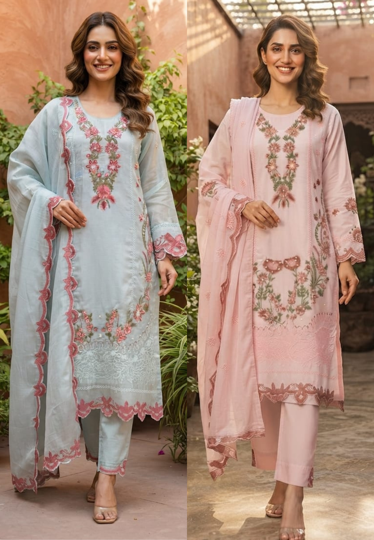 Pakistani Inspired Pattern Floral Embroidered Full Suit Set With Dupatta In Organza Fabric- 16073