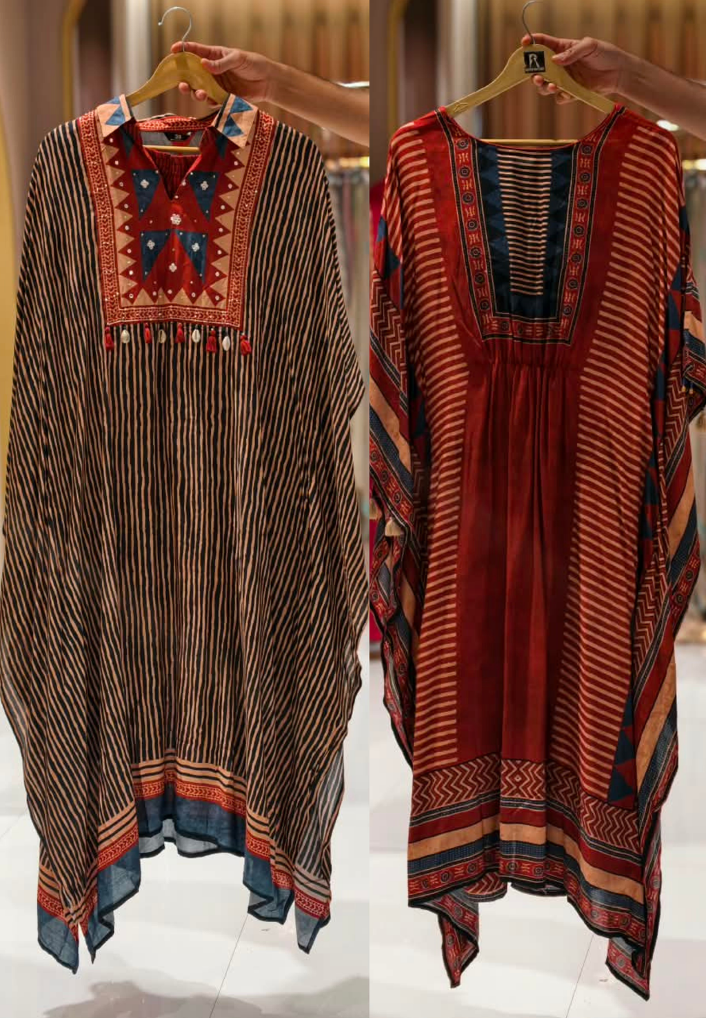 Assymetrical Linear Multicolor Prints Boho Look Kaftan Style Muslin Indo-Wear With Bottom- 16096, 16097