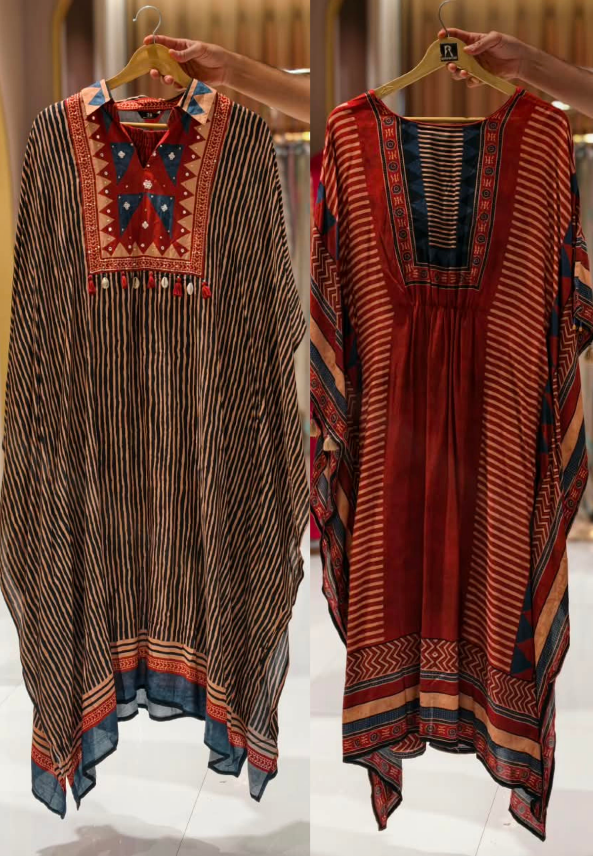 Assymetrical Linear Multicolor Prints Boho Look Kaftan Style Muslin Indo-Wear With Bottom- 16096, 16097