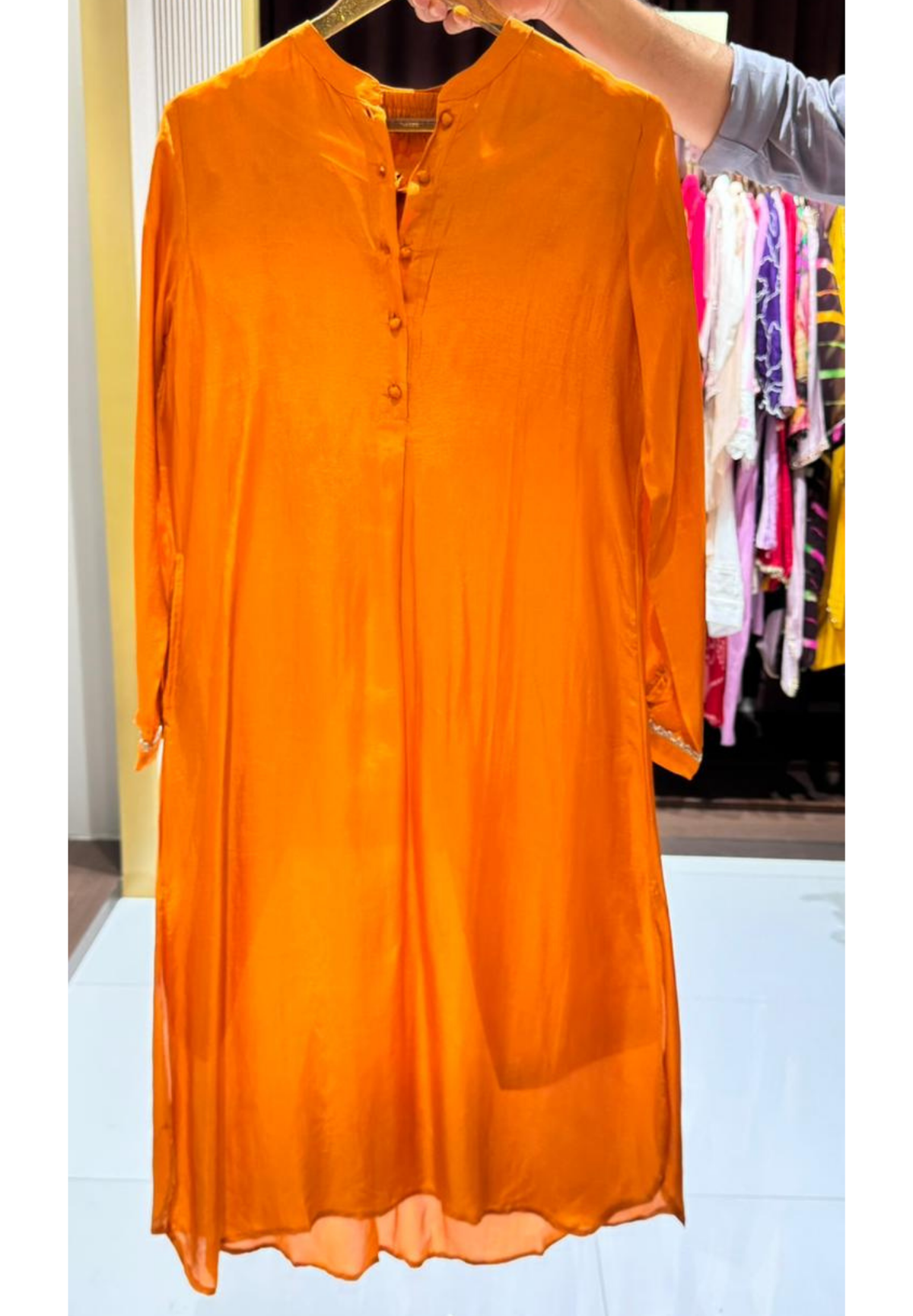 Vibrant Blunt Orange Button Down Mandarin Collar Kurta Pant Set- 15816