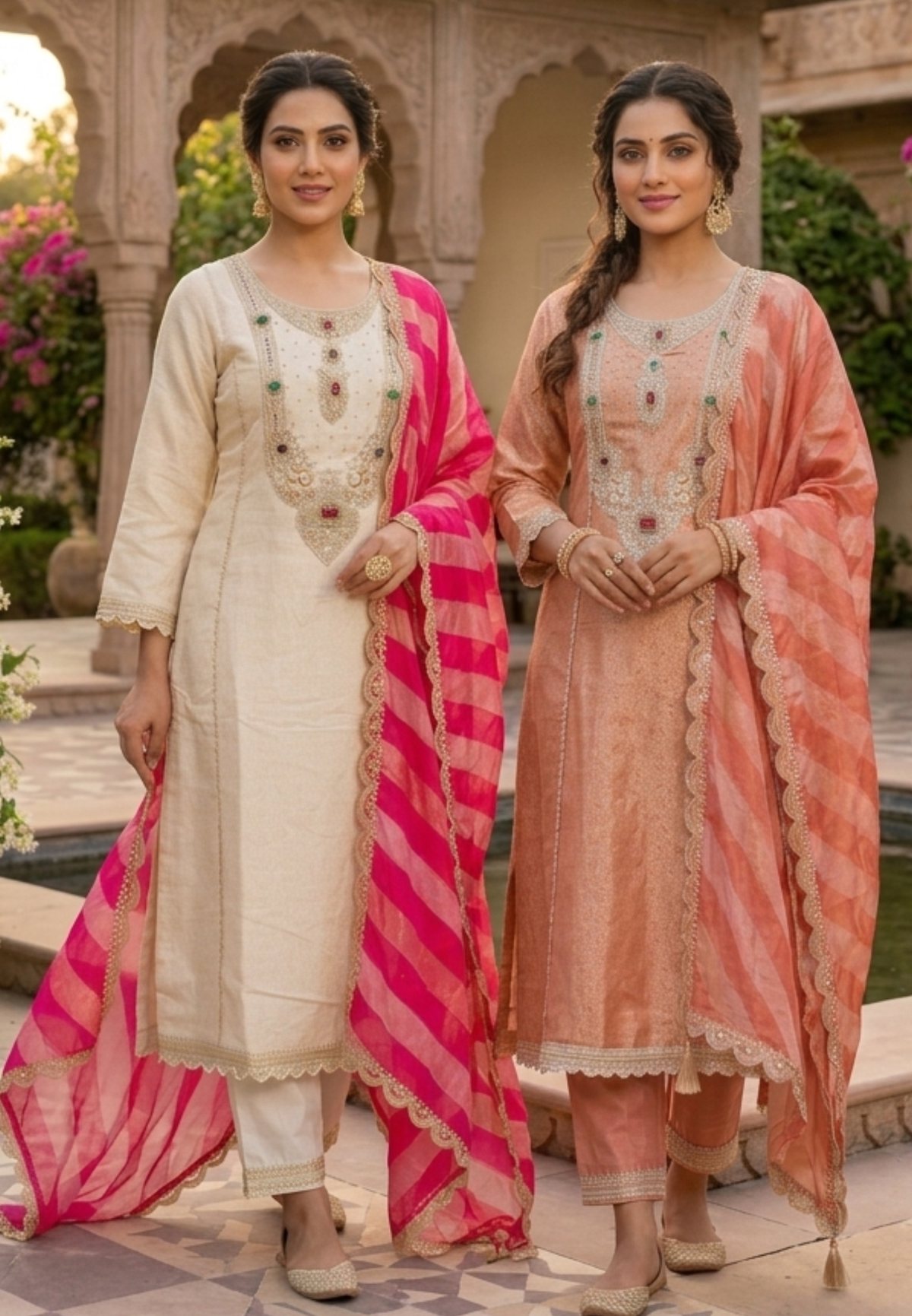 Pure Banarsi Brocade Jewel Stone Golden Panels A-Line Full Suit Set With Dupatta- 16234
