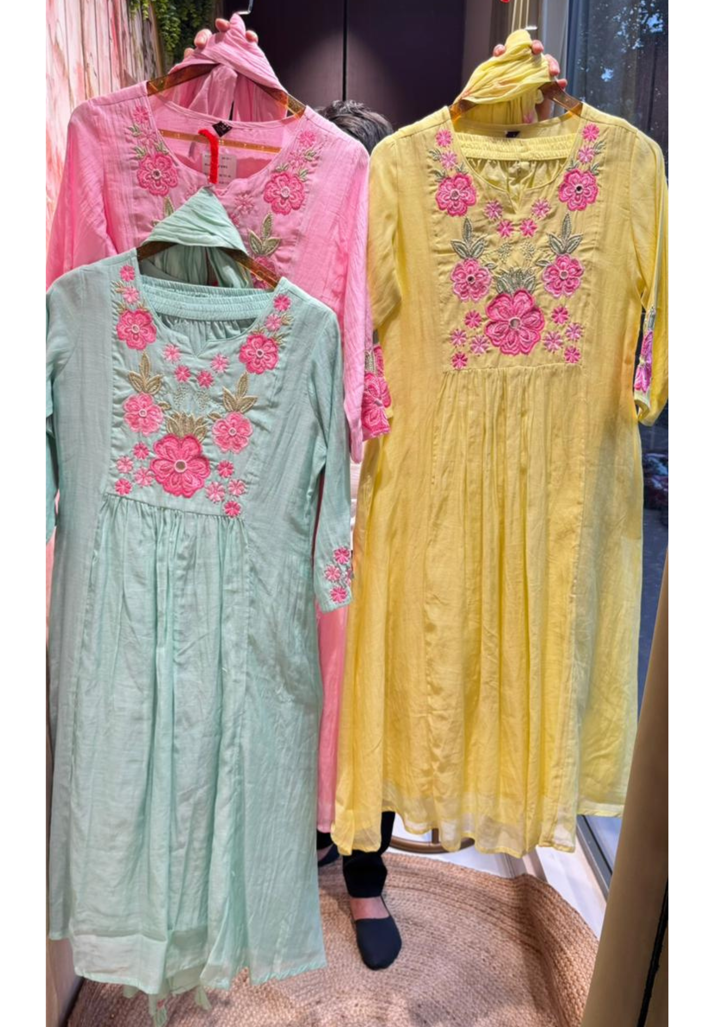 Fine Intricate Cute Floral Embroidered Block Yoke A-Line Full Suit Set With Dupatta- 16086