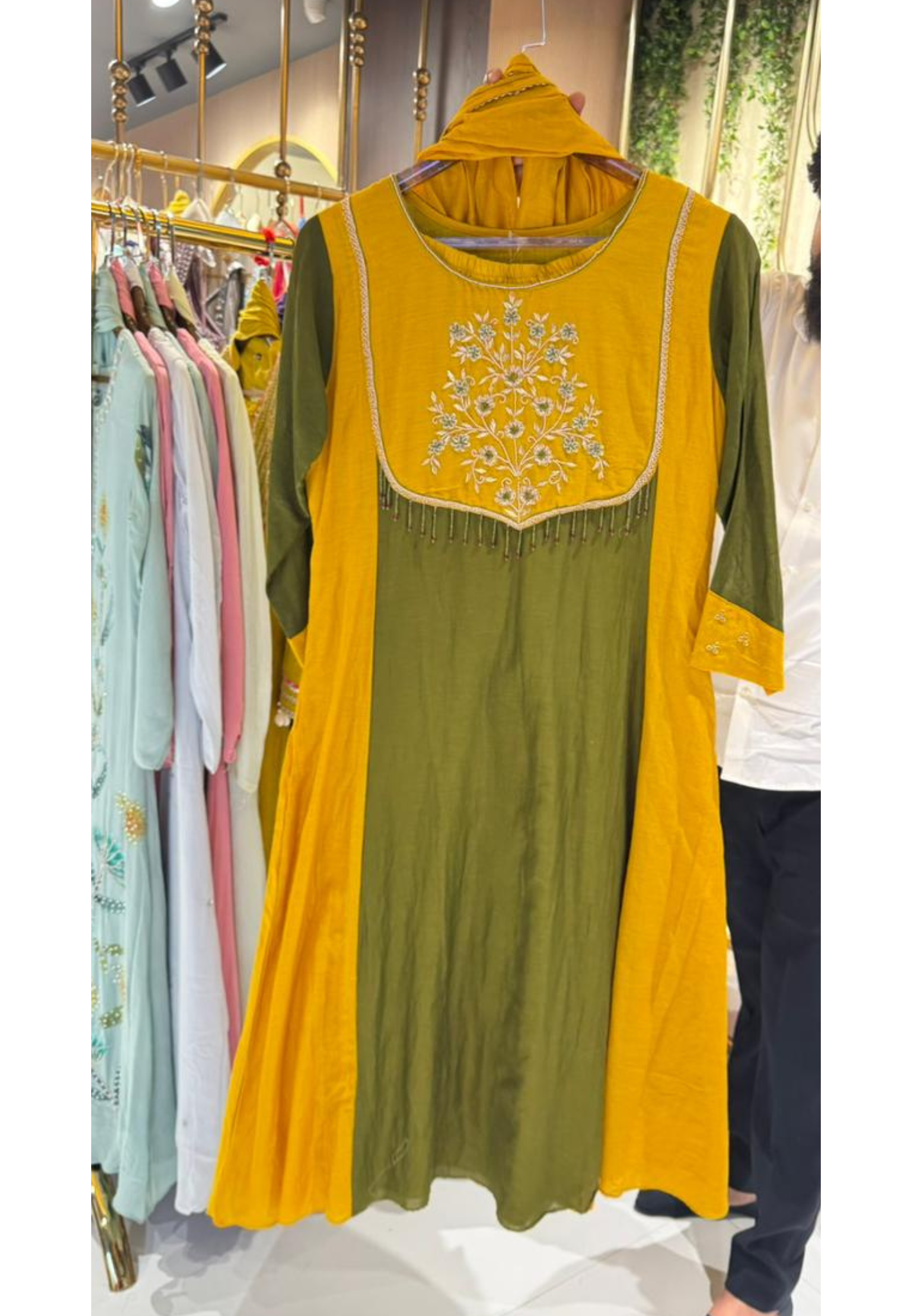 Vibrant Dual Tone Minimal Yoke Embroidered Panel A-Line Full Suit Set With Dupatta In Mul-Chanderi Fabric- 16083