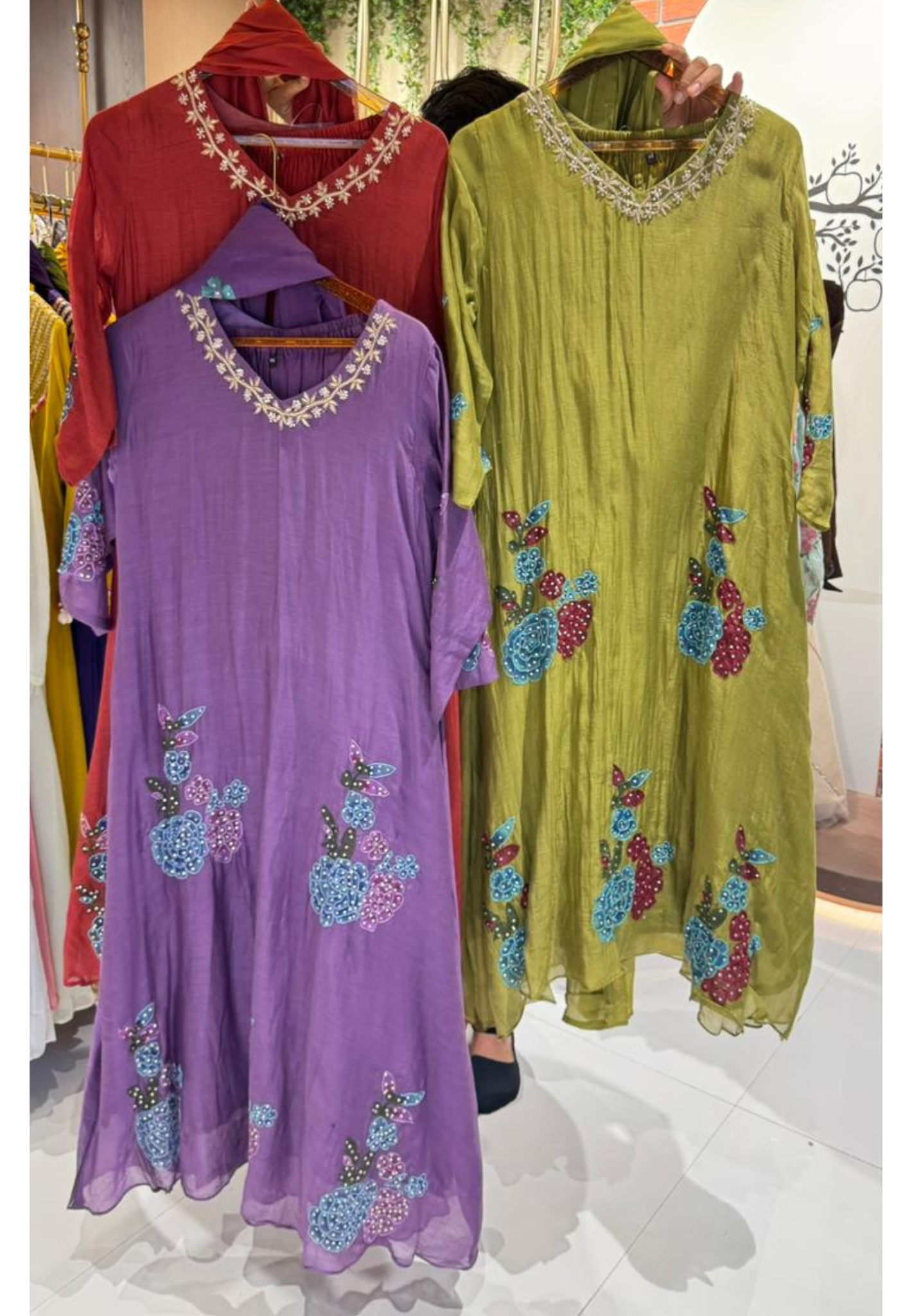 Colorful Floral Appliques Highlight Embroidered A-Line Mul-Chanderi Full Suit Set With Dupatta- 15945