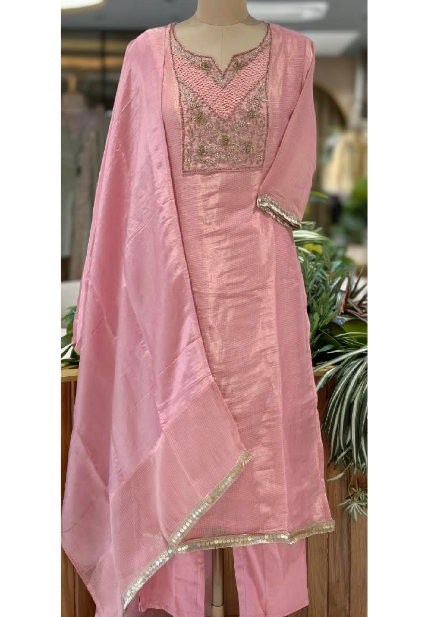 Blush Kota Tissue Checks Elegant Yoke Embroidery Staright Full Suit Set With Dupatta- 16244