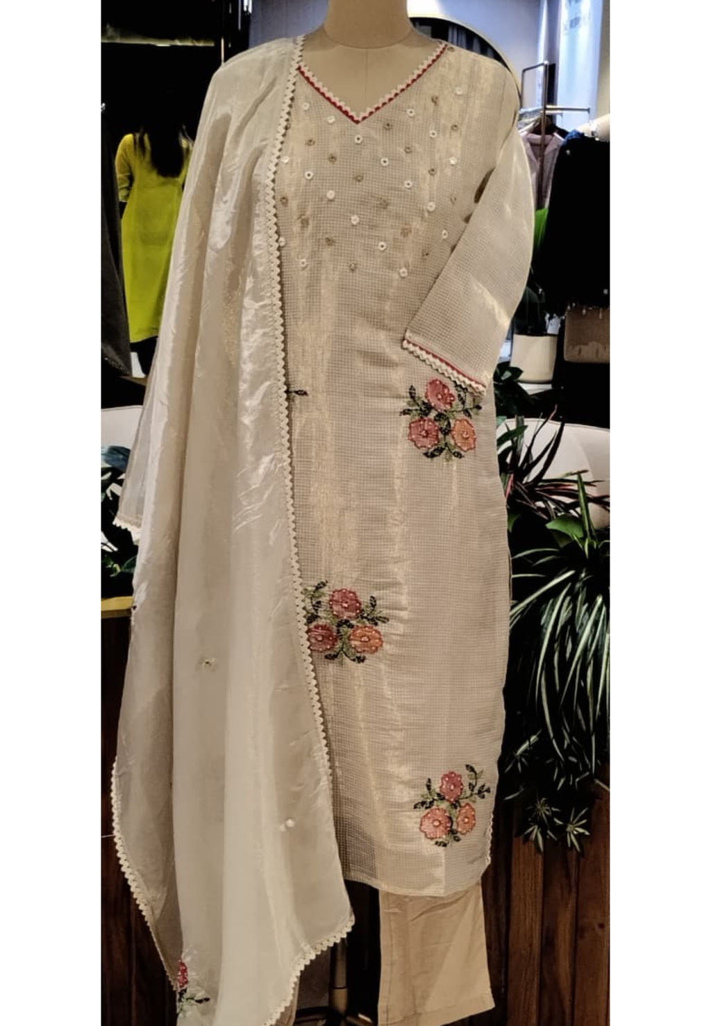 Kota Tissue Intricate Floral Embroidered Checks Shiny Full Suit Set With Dupatta- 16243