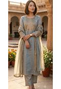 High End Tissue English Color Pallete Golden Highligted Embroidery Works A-Line Full Suit Set With Dupatta- 16070