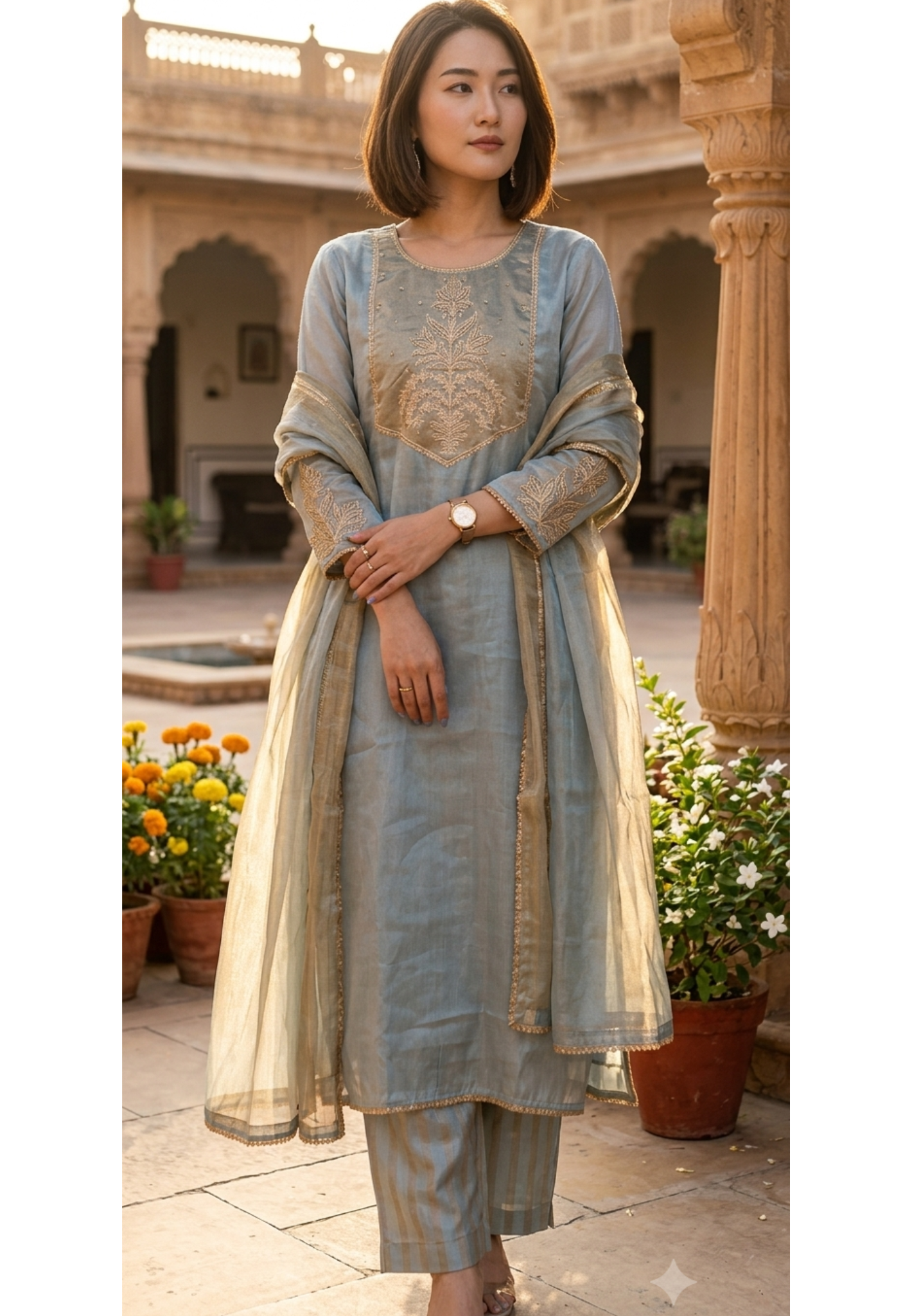 High End Tissue English Color Pallete Golden Highligted Embroidery Works A-Line Full Suit Set With Dupatta- 16070