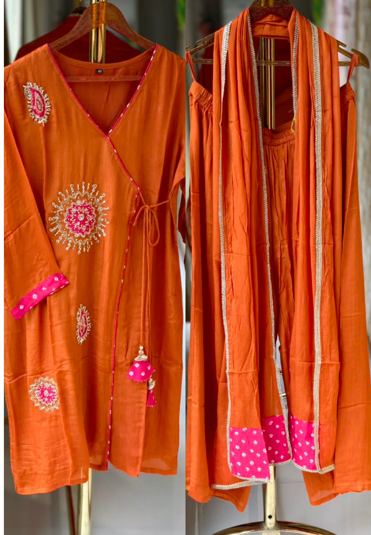 Sun Mango Buti Crafted Embroidery Angrakha Ghoomar Side Knotted A-Line Banarasi Mul-Chanderi Full Suit Set With Dupatta- 16071