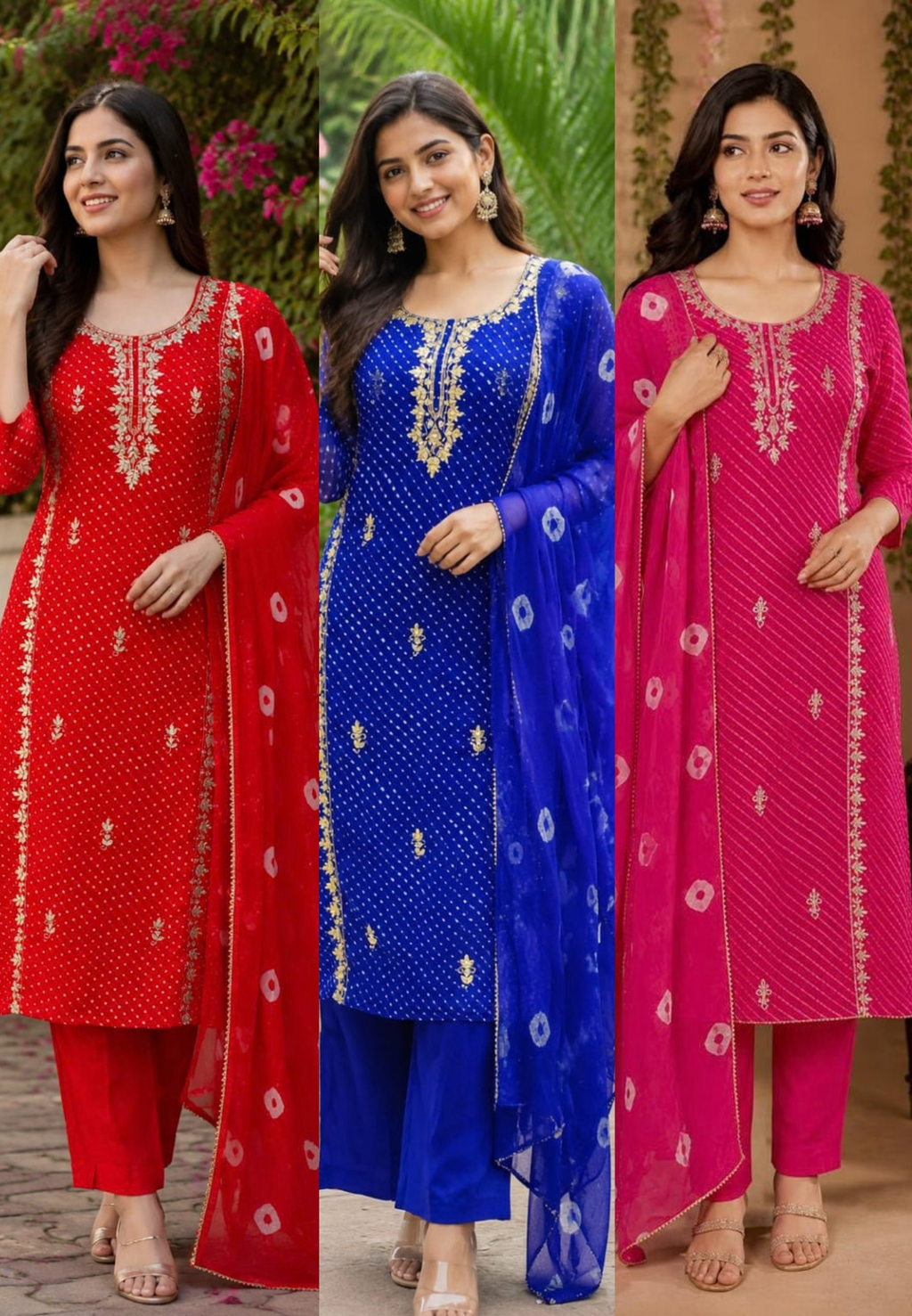 Gotta Leaf Zardosi Embroidered Leheriya Elegance Vibrant Georgette Full Suit Set With Dupatta- 15709