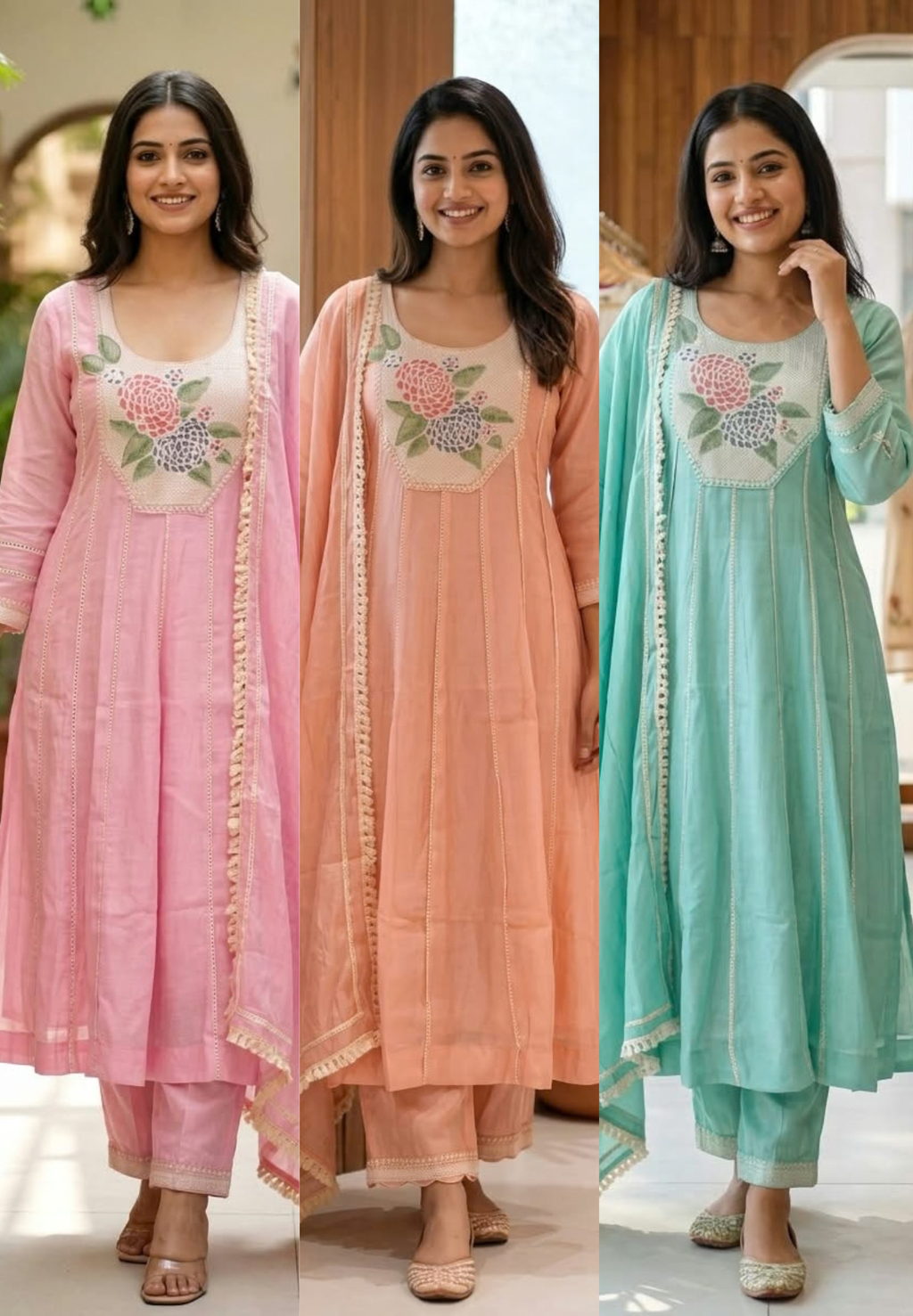 Very Subtle Cross Stitch Inspired Embroidered Yoke Lace Panels Surat Mul-Chanderi A-Line Full Suit Set With Dupatta- 16288