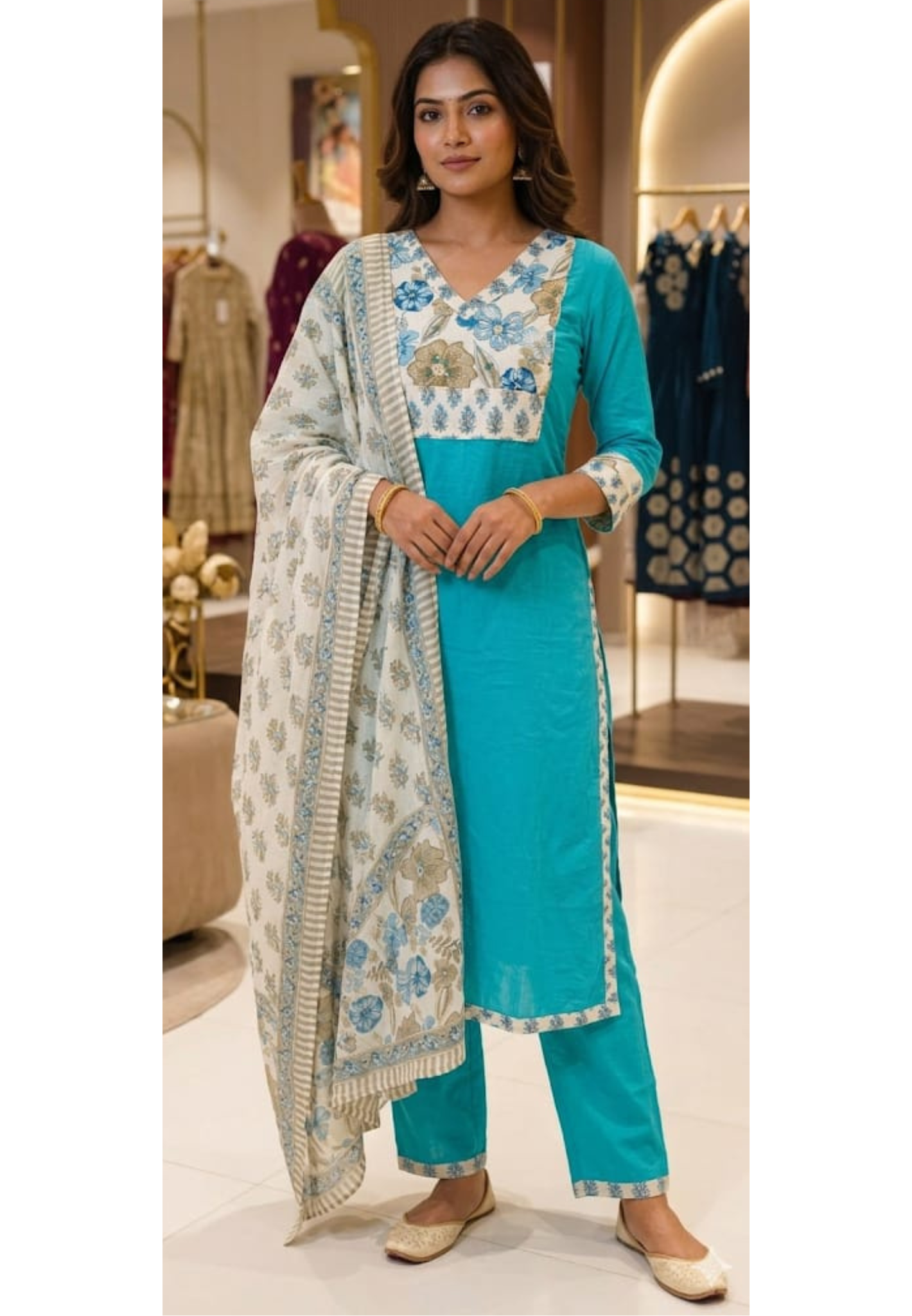 Cotton Full Suit Set with Beautiful Floral Yoke Patch W18