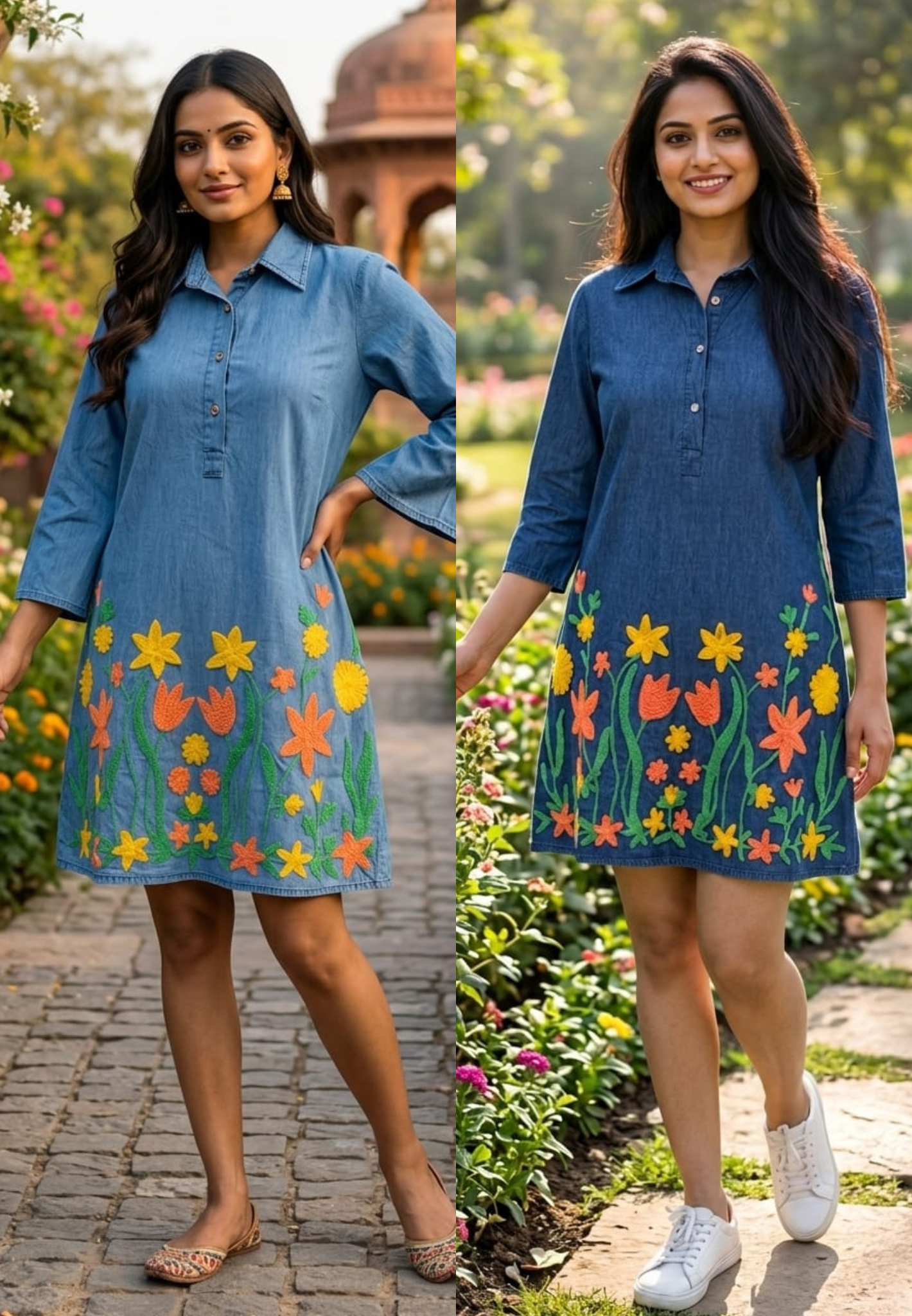 Floral Garden Colorful Thread Embroidery Denim Look Knee Length Frock- 14900