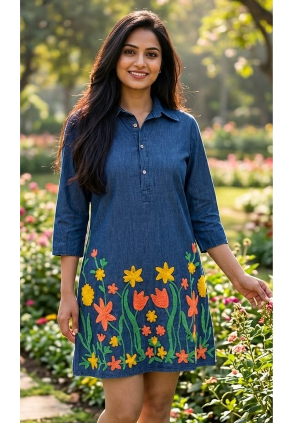 Floral Garden Colorful Thread Embroidery Denim Look Knee Length Frock- 14900