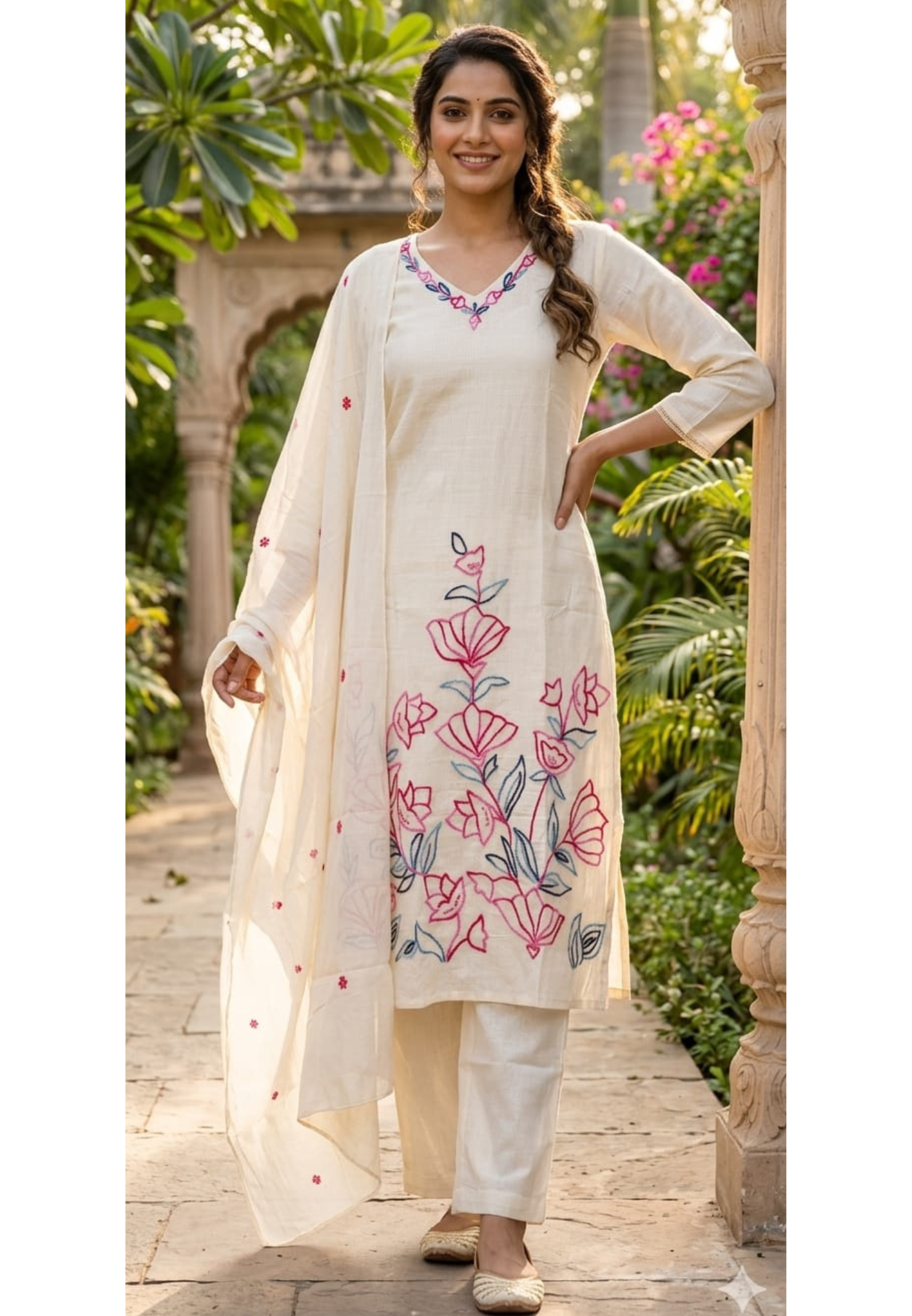 Katha Stitch Artisanal Ivory Ensemble Kora Cotton Full Suit Set With Dupatta- 14687